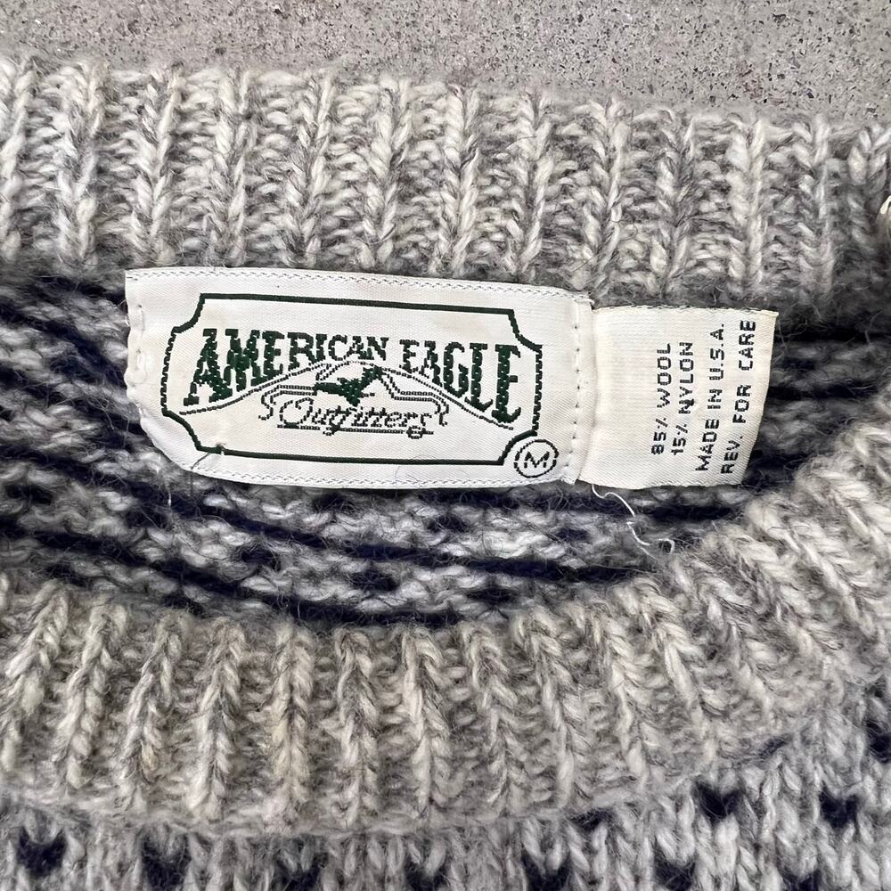 Vintage Gray Navy Birdseye USA Made American Eagle Wool Sweater Fisherman Knit M - Picture 2 of 8
